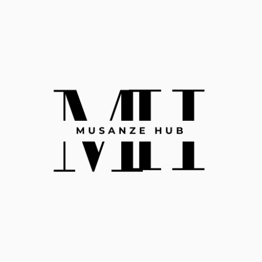 A large M and H in the background with "Musanze Hub" in the foreground, cutting through the large initials.